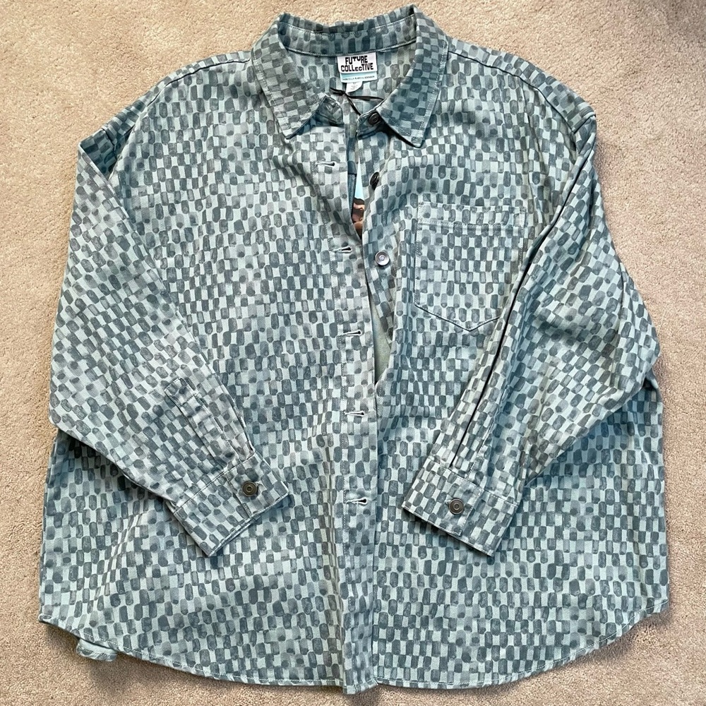 New Future Collective Checkered Print Denim Shirt & Pants Set Blue Size XL / 14 - Picture 7 of 16